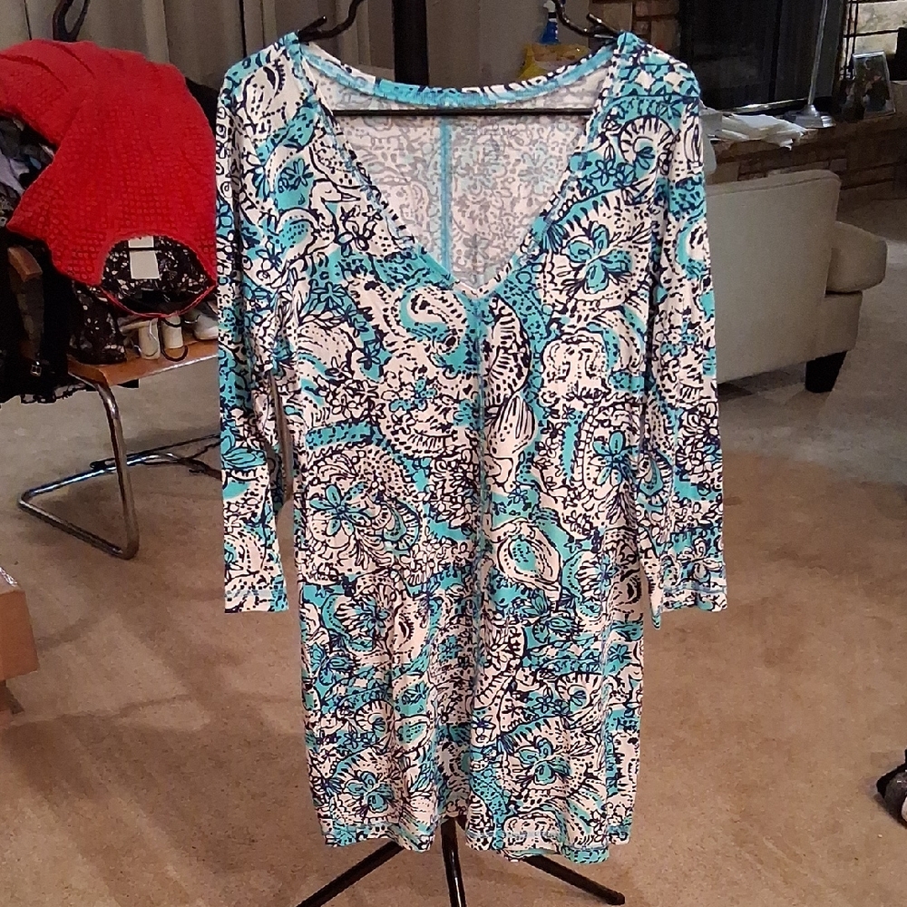 Lilly Pulitzer Turquoise, Navy & White Floral-Print Midi Dress